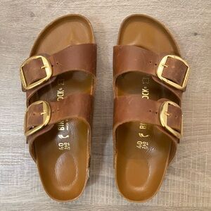 Birkenstock Arizona... cognac oiled leather with oversized gold buckles